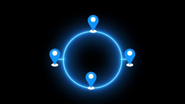 4K Circle Route with Map Pin on a black background. Neon Circle GPS navigation route for delivery services, Online shops, UI, Buying process, and Business Marketing.