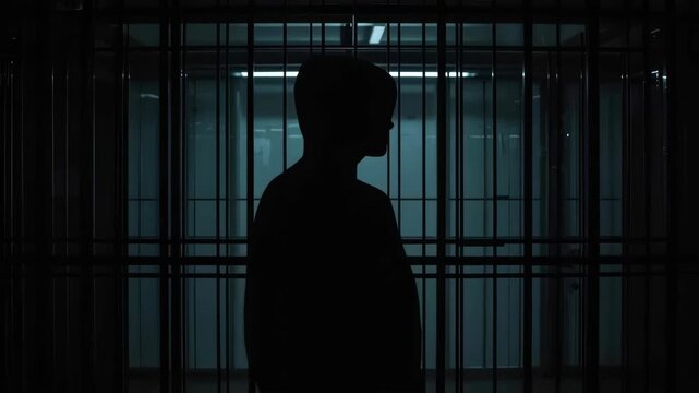 Silhouette Person Behind Glass Partition, Dark Office Shadow and Security Figure Interior