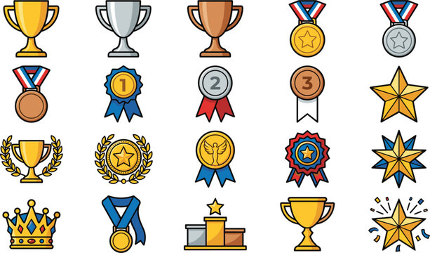 Collection of colorful award trophies medals and star emblems on white background