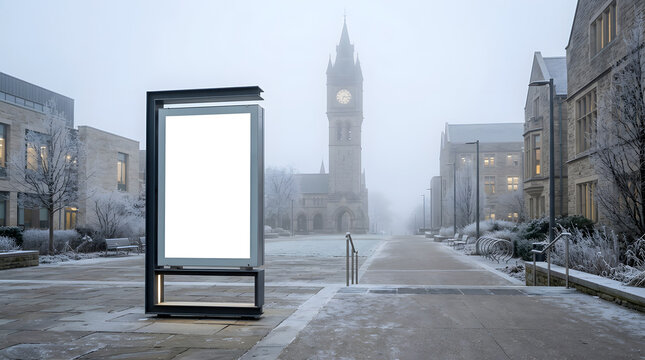 Blank vertical billboard mockup on foggy winter city street with clock tower