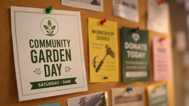 Community Garden Day Poster and Flyers Pinned on Corkboard Bulletin Board with Natural Light Focused and Inspired Mood
