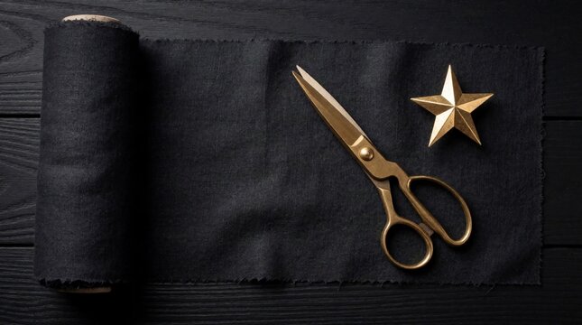 Tailor Gold Scissors Black Fabric Flatlay