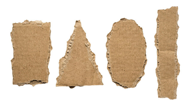 Four torn pieces of brown cardboard isolated on transparent background