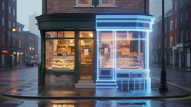 A street corner bakery shop with one half showing the real building and the other half as a glowing blue wireframe.