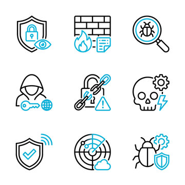 Cybersecurity Icons Set with Padlock, Firewall, Malware, and Shield Symbols Featuring Protection