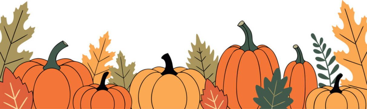 Watercolor illustration of a decorative autumn pumpkin border isolated on transparent background