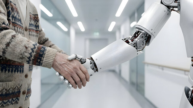 Elderly man shaking hands with a humanoid robot assistant.