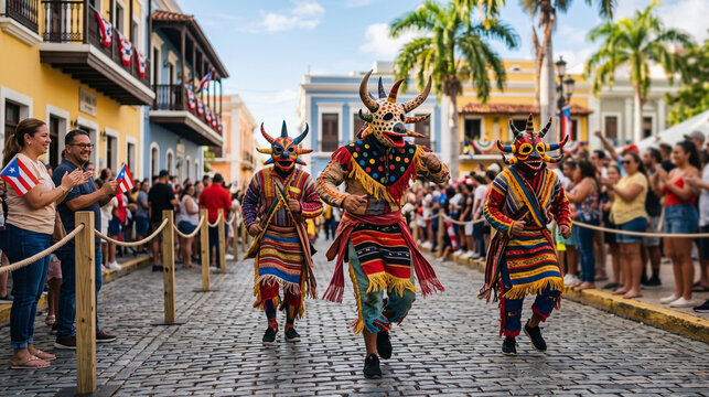 Vejigante dancers step into a bright Puerto Rican plaza festival