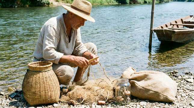 Elderly fisherman mending nets by rural riverbank.