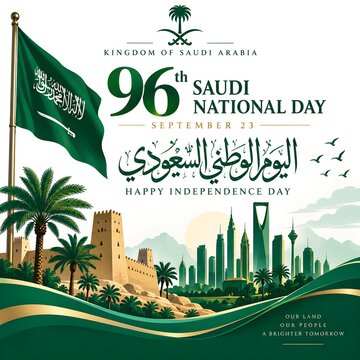 Saudi National Day 96th Celebration Poster with Saudi Arabia Flag, Riyadh Skyline and Arabian Heritage. 