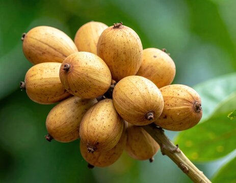 Bunch of yellow duku fruit on tree branch.
