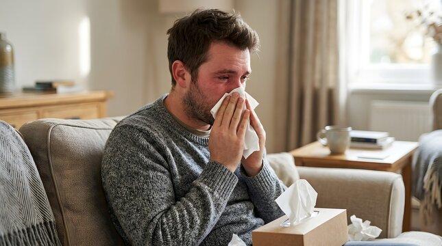 Man Sitting on Sofa Blowing Nose Into Tissue With Tissue Box Nearby at Home