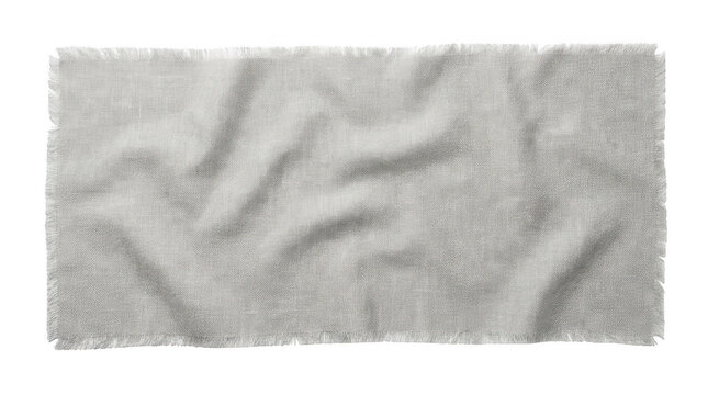 A rectangular piece of light grey linen fabric with frayed edges isolated on transparent background