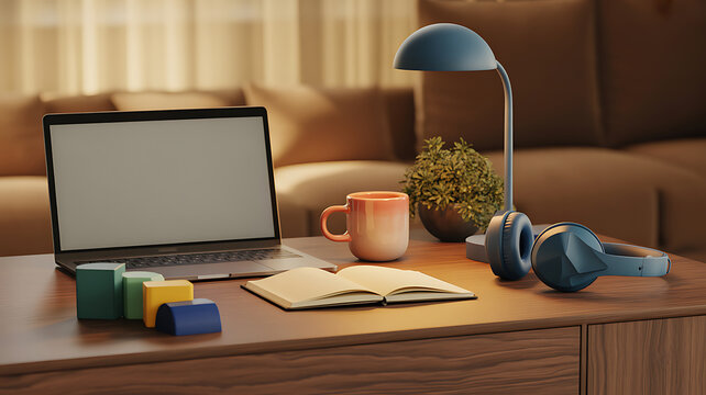 A wooden desk with a laptop, an open notebook, a small plant, colorful geometric blocks, and blue headphones nearby.