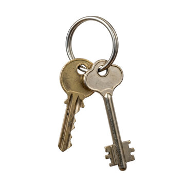 Two old metal keys hanging on a simple silver keyring isolated on transparent background