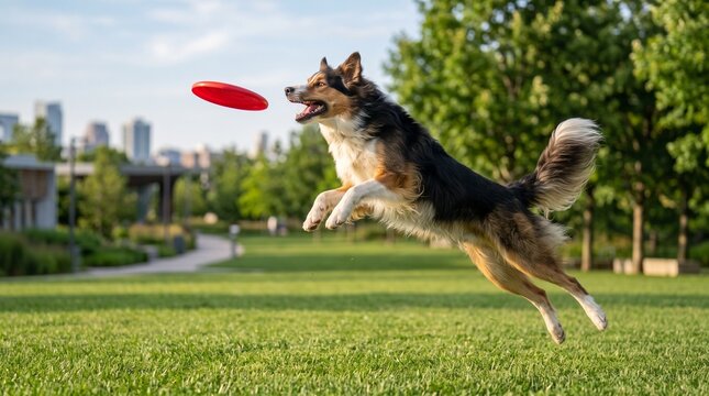 Athletic border collie jumping for red frisbee in city park. Active dog catching flying disc on green grass. Energetic pet playing outdoors.