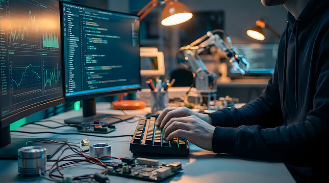 Electronics engineer working on hardware at technical workstation.