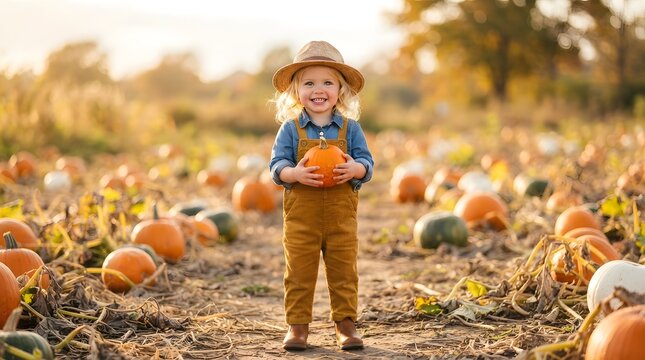 A cute toddler wearing a straw hat and overalls holding a small pumpkin in a pumpkin patch during autumn