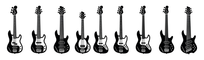 Obraz premium Collection of black bass guitar silhouettes in various shapes and styles, showcasing different models of four, five, and six string electric instruments for rock, pop, and jazz music