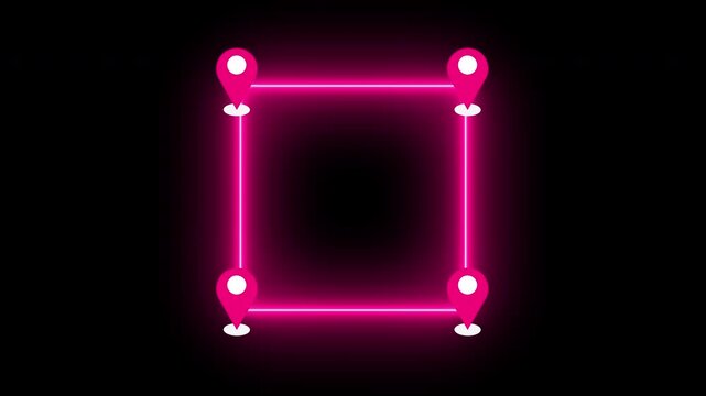 4K Neon Square Route with Map Pin on a black background. Neon Square GPS navigation route for delivery services, Online shops, UI, Buying process, and Business Marketing.
