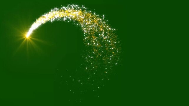Golden glitter logo reveal animation with magical swirl trail, sparkling stars, glowing light burst and luxury fairy dust particles, elegant cinematic motion graphics intro on green background. 4K