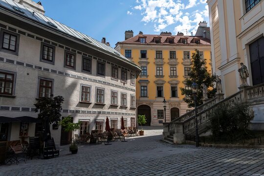 small town square with church in the Vienna district of Neubau