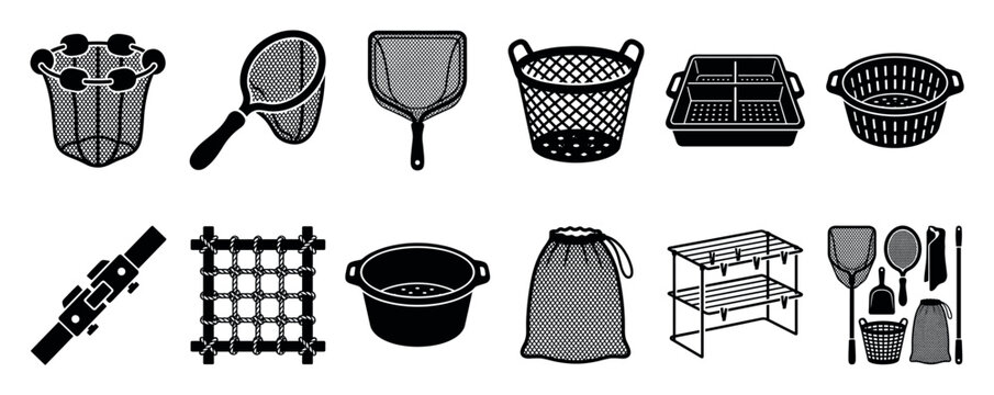 Set of black silhouette fishing and aquaculture equipment icons showing various nets, baskets, scoops, containers, and tools for catching, sorting, and holding marine life