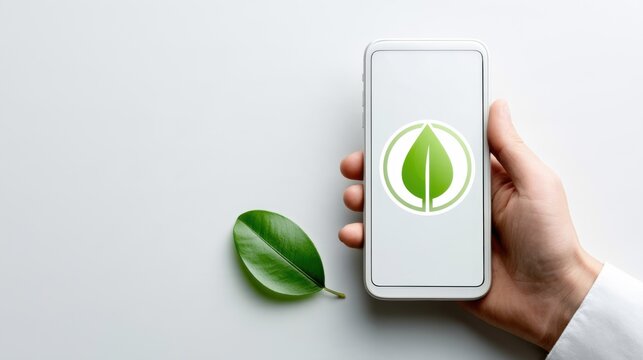 A hand holding a modern smartphone displaying a green leaf logo, with a fresh green leaf resting beside it on a clean surface