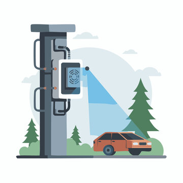 A flat vector illustration shows a traffic speed camera monitoring a car on a road.
