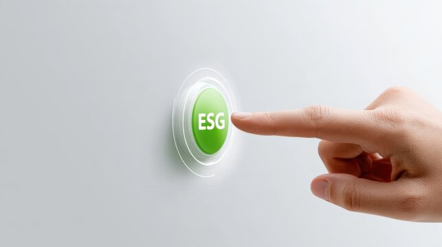 A finger is about to press a glowing green button with the letters ESG on it. This signifies a commitment to environmental, social, and governance principles