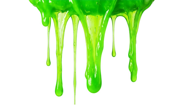 Bright neon green slime dripping down like liquid paint or toxic waste isolated on transparent background