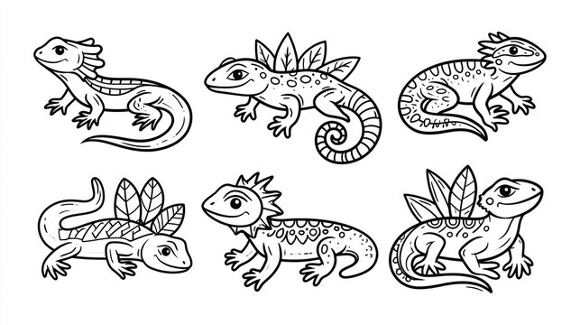 A collection of six whimsical lizard illustrations in a black and white style.