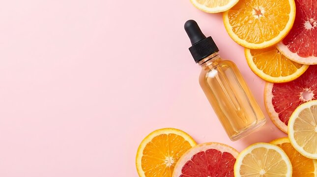 Skincare essential oil bottle with natural ingredients for wellness and cosmetic beauty routine on pink background