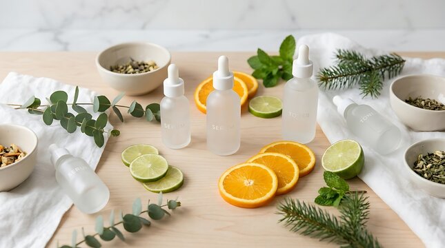 Natural skincare essential oil cosmetic products with fresh citrus fruits for a healthy wellness routine