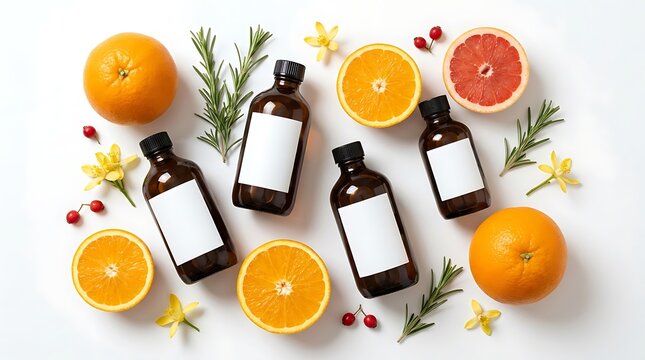 Skincare essential oil bottles with natural ingredients for a healthy wellness and cosmetic beauty routine