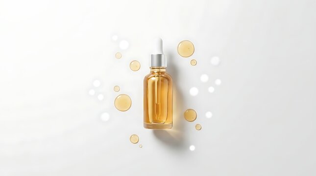 Skincare essential oil bottle with natural ingredients for wellness and cosmetic beauty routine flat lay