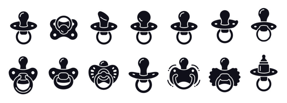Set of fourteen black baby pacifier icons in a simple silhouette style, showcasing a variety of soother and dummy designs for childcare and infancy themes