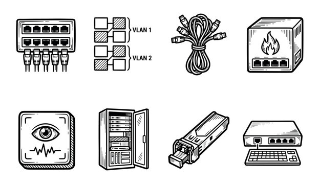 Collection of hand-drawn network technology icons featuring a server rack, firewall, switch, VLAN diagram, and SFP module, depicted in a black and white doodle illustration style