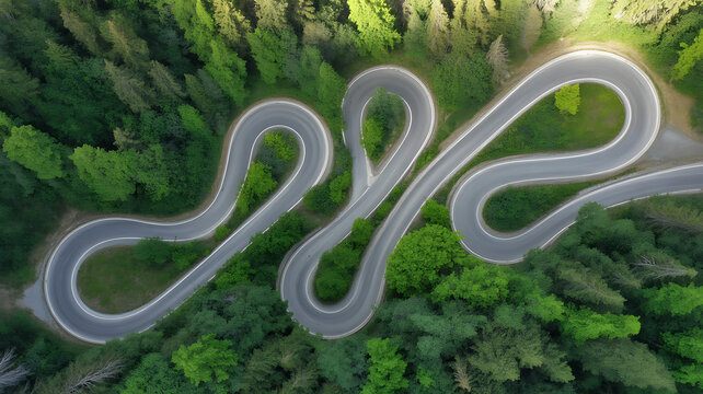 Aerial perspective of a winding mountain road with sharp hairpin curves surrounded by a dense green forest in summer.