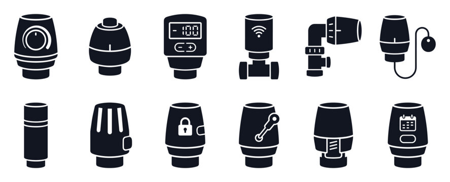 Thermostatic radiator valve icon collection featuring different models like manual, digital with display, and smart wifi regulators in a black glyph style for heating systems