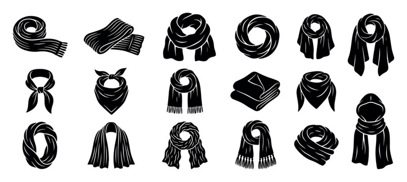 Large collection of black scarf icons showing various styles of neckwear like shawls, bandanas, and mufflers in a minimalist graphic silhouette design for fashion accessories