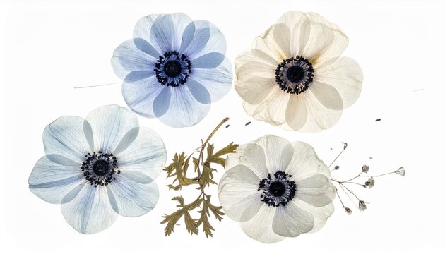 Pressed dried anemone flowers in soft pastel white and light blue tones with dried green fern sprig on white background, delicate botanical flat lay for wedding and craft