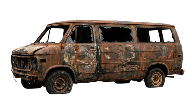 Old rusty abandoned van burnt and destroyed after a vehicle fire accident isolated on transparent background