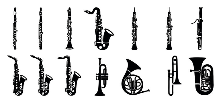 Collection of black silhouette musical instruments from the woodwind and brass families, featuring a flute, clarinet, saxophone, trumpet, and tuba in a flat graphic icon set