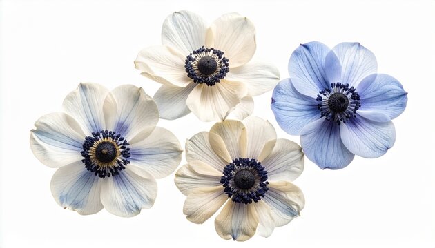 Pressed dried anemone flowers in soft pastel white and blue tones arranged on clean white background, delicate floral flat lay composition for wedding and craft design