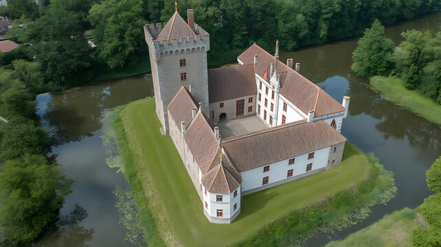 Aerial view of a historic medieval castle surrounded by a water-filled moat in a lush green forest landscape.