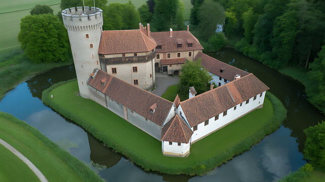 Aerial view of a historic medieval castle surrounded by a water-filled moat in a lush green forest landscape.