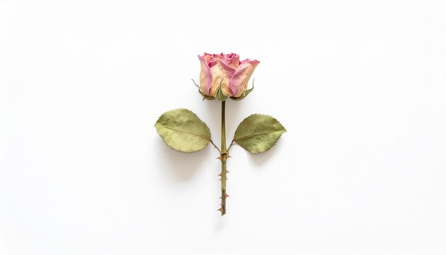Single dried vintage pink rose bud with two green leaves on stem isolated on white background for floral design, wedding decoration, and botanical photography