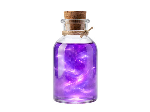 Small glass bottle filled with magical glowing purple galaxy space liquid and cork stopper isolated on transparent background