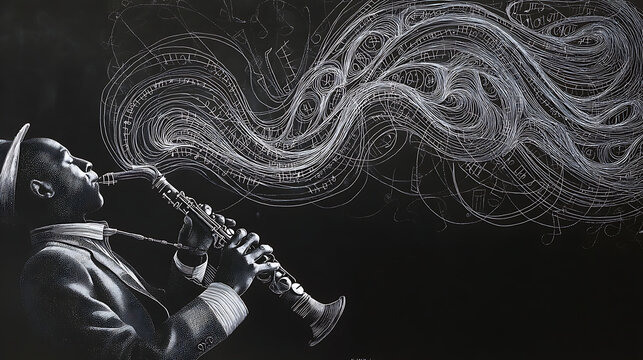 Black and white artistic illustration of a jazz musician playing saxophone with flowing musical notes